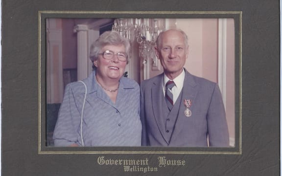 Mrs Joan Sherley and Haydn Sherley after receiving the Queen's Service Medal, for services to broadcasting in the 1989 Queen's Birthday Honours.