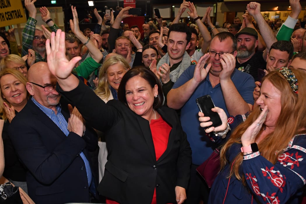 Irish republican Sinn Fein party leader Mary Lou McDonald  celebrates with her supporters after she takes the Dublin Central constituency on the first count.