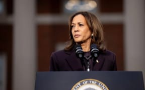 Vice President Kamala Harris pauses while speaking on stage as she concedes the election, at Howard University on 6 November 2024, in Washington, DC.
