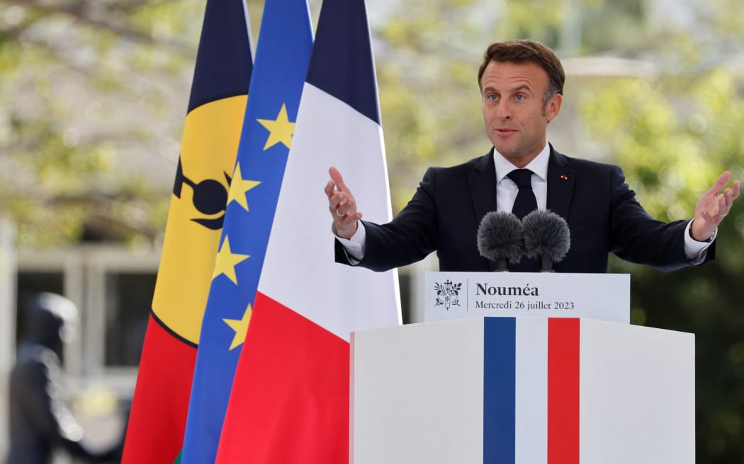 French President Emmanuel Macron delivers his speech at the Place des Cocotiers in Noumea.