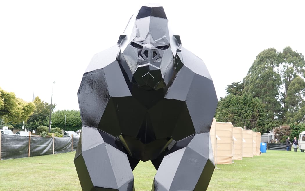 A large, black metal gorilla is one of the eye-catching sculptures at the Kimbolton sculpture festival.