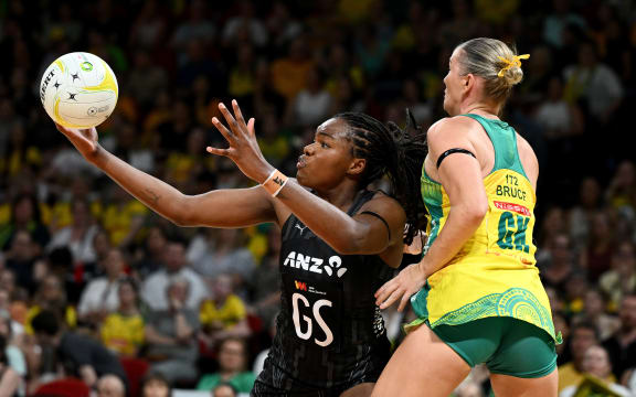 Grace Nweke of New Zealand competes for possession with Courtney Bruce of Australia during the second test match of the Constellation Cup series between the Australian Diamonds and the New Zealand Silver Ferns at Qudos Bank Arena in Sydney, Wednesday, October 22, 2025. (AAP Image/Dan Himbrechts/Photosport)