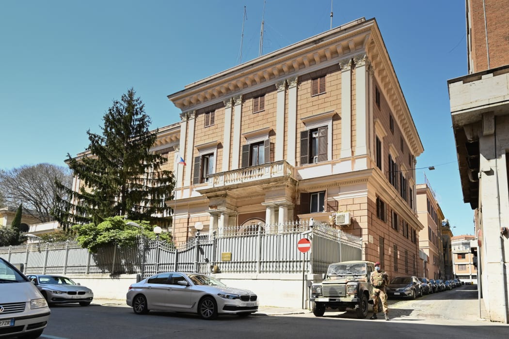 Italian Military corps patrol in front of the Russian Embassy in central Rome on 31 March 2021.
