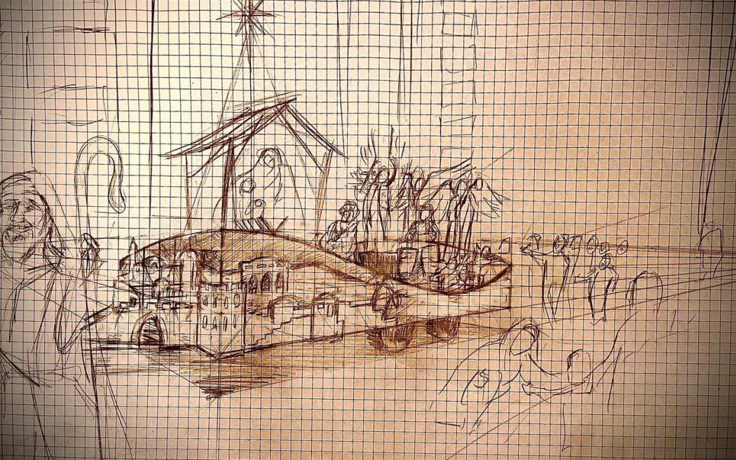 Photo depicts a sketch of the nativity float.