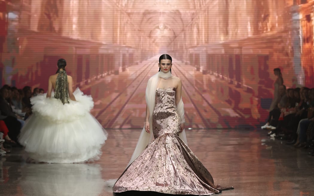 AUCKLAND, NEW ZEALAND - AUGUST 30: A model walks the runway in a design by Ivantino House from Otago Polytechnic during The Graduate Show during New Zealand Fashion Week 23: Kahuria at Viaduct Events Centre‎ on August 30, 2023 in Auckland, New Zealand.
