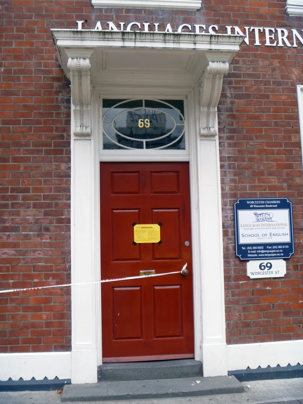 Yellow stickered language school in Worcester Street.