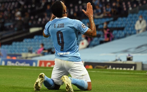 Manchester City's Brazilian striker Gabriel Jesus celebrates scoring his team's second goal during the UEFA Champions League round of 16 second leg football match between Manchester City and Real Madrid at the Etihad Stadium in Manchester.