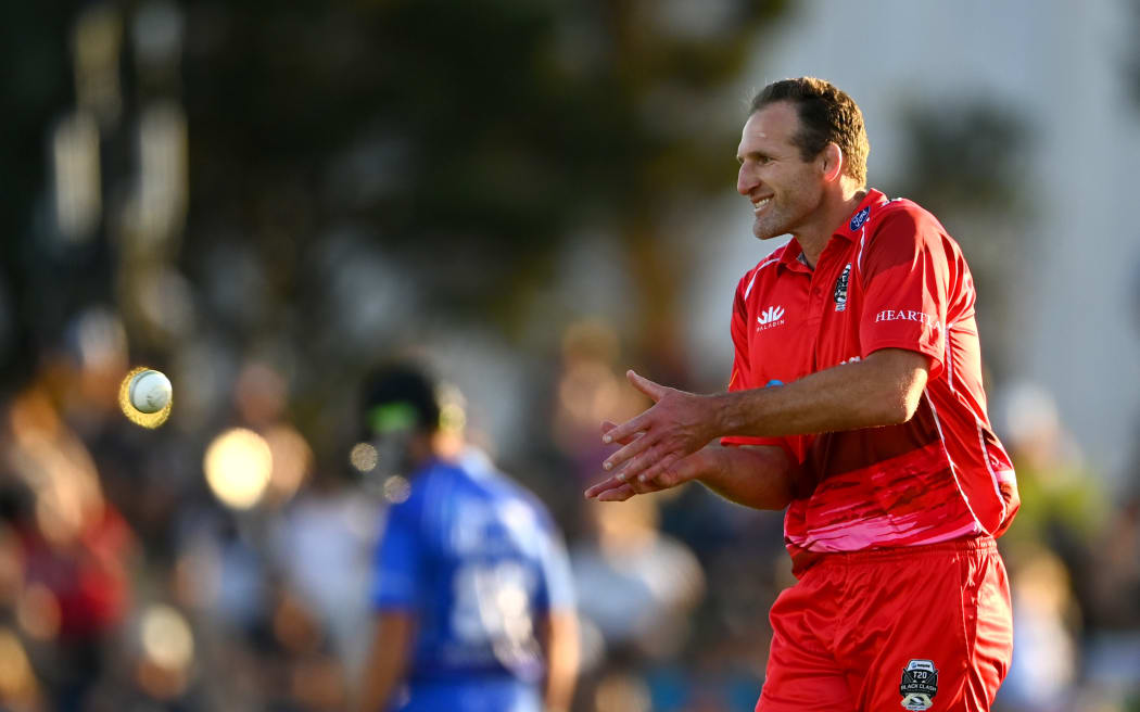 TAURANGA, NEW ZEALAND - JANUARY 22: Kieran Read of Team Rugby bowls during the Black Clash T20 cricket match between Team Cricket and Team Rugby at Bay Oval on January 22, 2022 in Tauranga, New Zealand. (Photo by Hannah Peters/Getty Images)