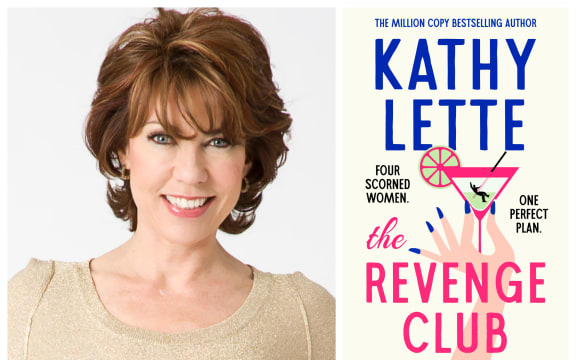 composite of Kathy Lette and the cover of her book "Revenge Club"