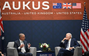 US President Joe Biden (R) meets with Australian Prime Minister Anthony Albanese (L) during the AUKUS summit at Naval Base Point Loma in San Diego California on March 13, 2023. AUKUS is a trilateral security pact announced on September 15, 2021, for the Indo-Pacific region.