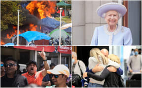 Clockwise from top left: Fires lit on Parliament grounds, Queen Elizabeth II, a reunion at Auckland Airport as the borders opened and a protest by dairy owners.