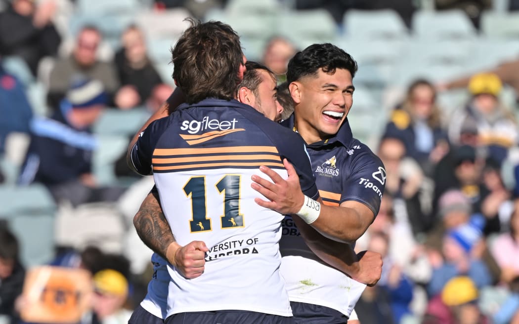 Brumbies Andy Muirhead celebrates after scoring a try during the Super Rugby Pacific Round 13 match between the Brumbies and the Crusaders at GIO Stadium in Canberra.