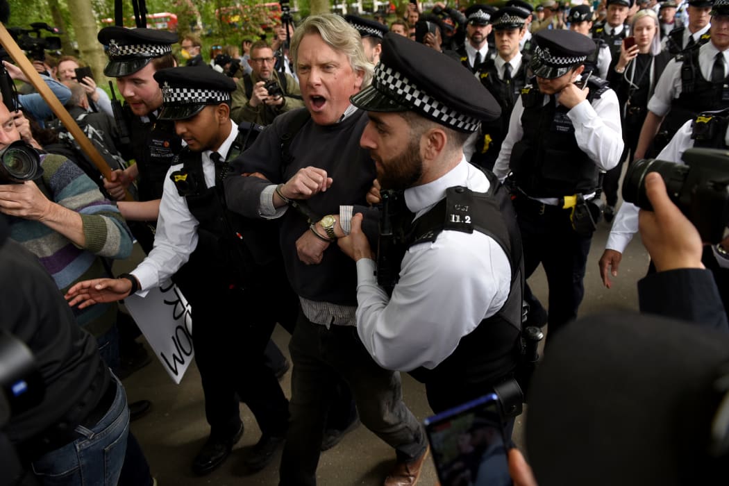 A man is arrested at a 'UK freedom movement' mass gathering in London