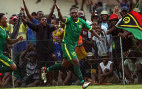 Vaniatu's Kensi Tangis celebrates his goal against the Solomon Islands in Vila on Saturday. Photo: OFC