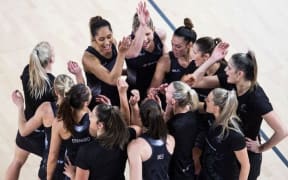 Silver Ferns huddle during the 2016 Netball Quad Series match between Australia and New Zealand