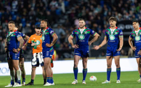 Warriors players react to the no try late in the second half during Round 26 of the NRL Premiership rugby league match - NZ Warriors v Parramatta Eels.