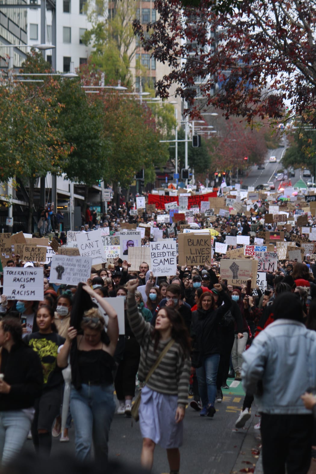 Protesters on Queen Street, Auckland, during the George Floyd / Black Lives Matter Auckland march on 1 June.