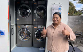 Anahera Wijohn, a mother of five, was the first to use the new Orange Sky pod in Māngere. She says the free service lifts a huge weight off her shoulders.
