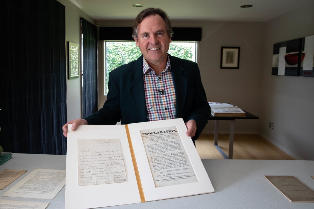Private collector Spencer Scoular recently outbid a number of the country's libraries for a prized copy of a corrected printing of a Treaty of Waitangi proclamation of sovereignty and handwritten letter, for 31-thousand dollars.