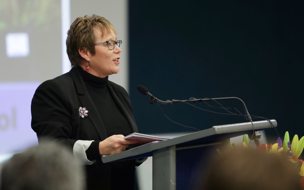 Children's Minister Tracey Martin at the announcement of free lunches for schools trial.