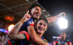 Charnze Nicoll-Klokstad of the Warriors celebrates his try with Dallin Watene-Zelezniak of the Warriors, NZ Warriors v Sydney Roosters, round 1 NRL Telstra Premiership rugby league match at Go Media Stadium.