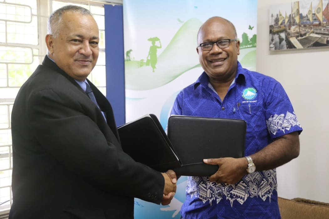 The International Union for Conservation of Nature’s (IUCN) Oceania Regional Director, Mason Smith, left and Melanesian Spearhead Group (MSG) Secretariat’s Director General, Ambassador Amena Yauvoli.