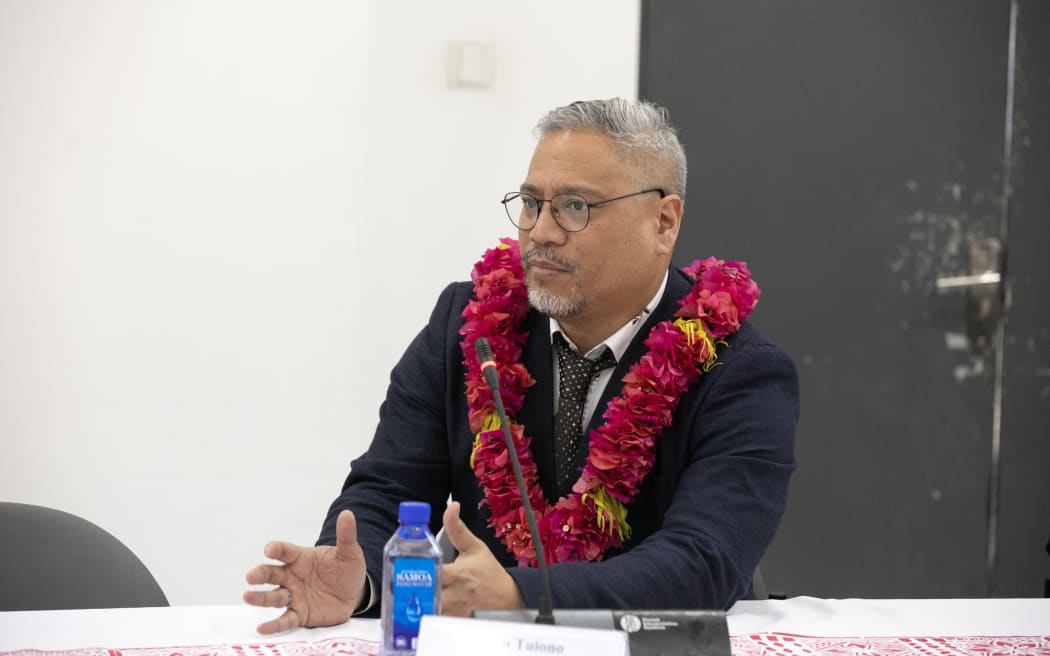 Green Party MP Teanau Tuiono talks with Samoan counterparts during an inter-parliamentary trip to Apia, 11 July 2023.