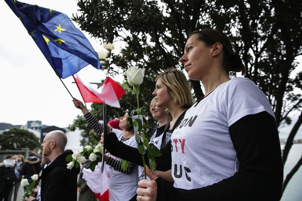Polish protesters on Wellington's waterfront.