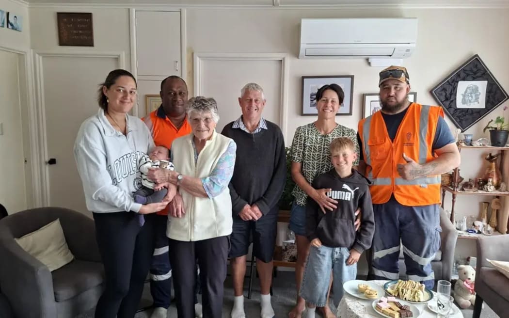 From left, Shannyn Bristowe, baby Te Manako Bristowe, Josevaia Tikomaihawai, Sandra Bristowe, Robert van den Akker, Awhi Bristowe, Noah Taft and Eruera Irwin. Photo / Mathew Nash A confused Sandra Bristowe told Rotorua Hospital staff she was called Unk-Ostrich and was 114 years old.