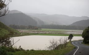 Tolaga Bay, heavy rain forced piles of wood onto farmland.