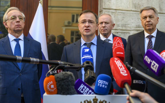 Russia's delegation head and advisor to Putin, Vladimir Medinsky, flanked by Deputy Foreign Minister Mikhail Galuzin (L) and head of Russia military intelligence (GRU) Igor Kostyukov (R), speaks to press ahead of a planned meeting between Ukrainian, American and Russian delegates in istanbul on May 15, 2025. Moscow sees talks with Kyiv as a "continuation" of failed negotiations in 2022 at the start of its invasion, Russia's delegation head Vladimir Medinsky said, insisting the Kremlin's team had "necessary competencies" for the the negotiations. (Photo by Yasin AKGUL / AFP)
