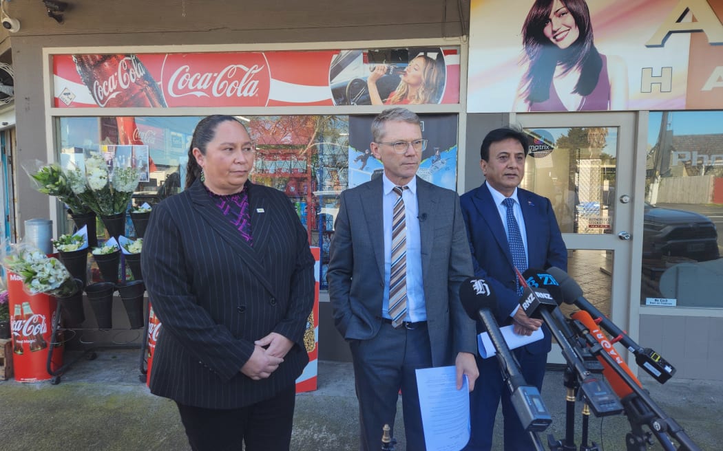 From left Associate Justice Minister Nicole McKee, Justice Minister Paul Goldsmith and Dairy and Business Owners Group chairperson Sunny Kaushal who has just been appointed as chair of the new advisory group on retail crime.