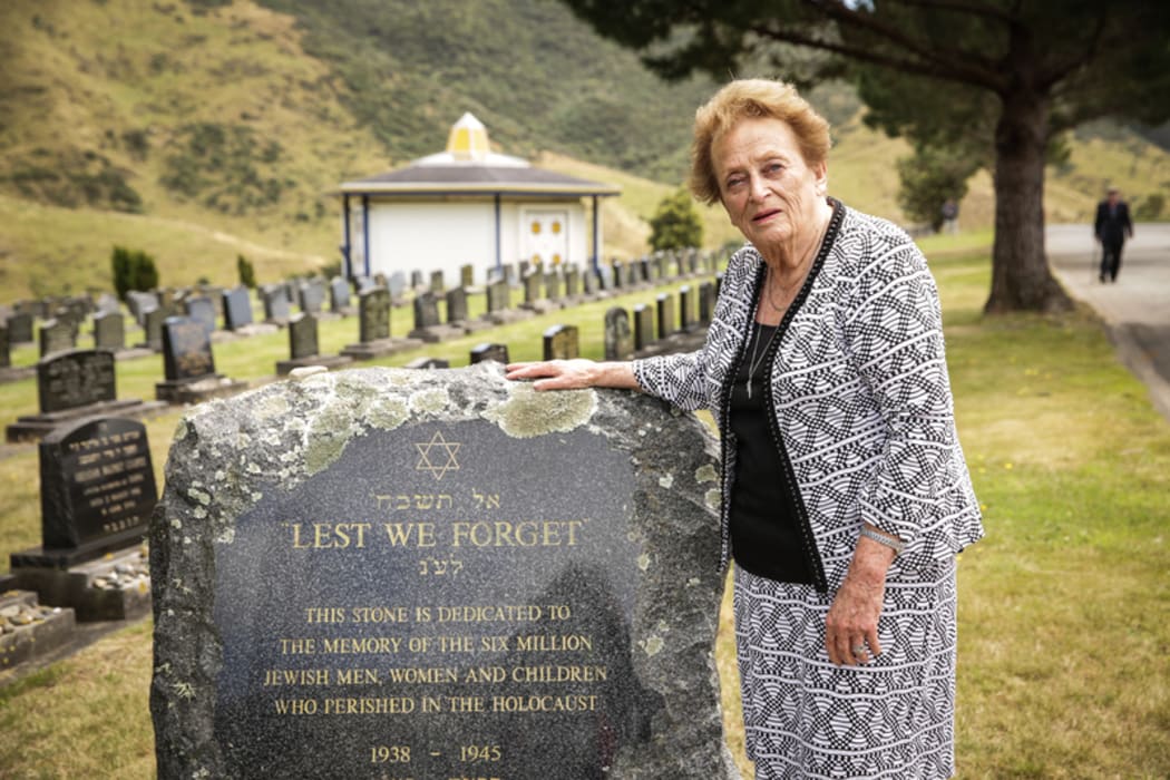 Holocaust Remembrance Day held at Makara Cemetery in Wellington. Survivor Inge Woolf, Director of Holocaust Center of New Zealand.