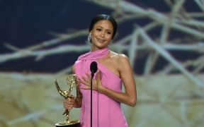 Thandie Newton accepts the Outstanding Supporting Actress in a Drama Series award for 'Westworld' during the 70th Emmy Awards.