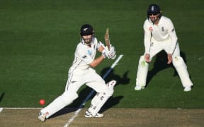 Kane Williamson bats for the Black Caps in their first day/night cricket Test against England.