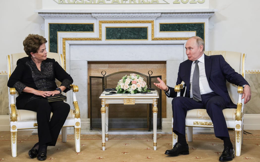 Russian President Vladimir Putin meets with Dilma Rousseff, Chair of the New Development Bank, in Strel'na, outside Saint Petersburg, on July 26, 2023, ahead of the second Russia-Africa summit.