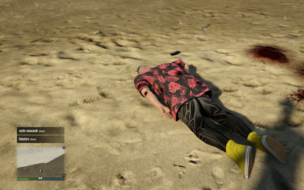 Still from Grand Theft Hamlet featuring Sam Crane's (dead) avatar.