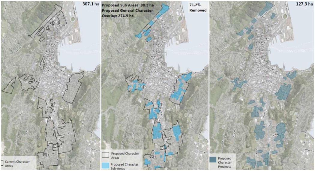 From left: Existing character areas in Wellington; the original draft Spatial Plan downsizing the areas, and the latest version with 127ha of character areas.