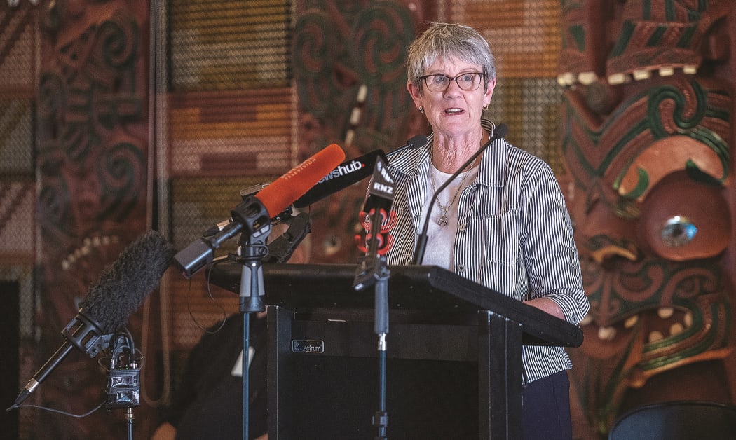 Whakatāne Mayor Judy Turner speaks ahead of a memorial event to mark the one year anniversary of the Whakaari tragedy