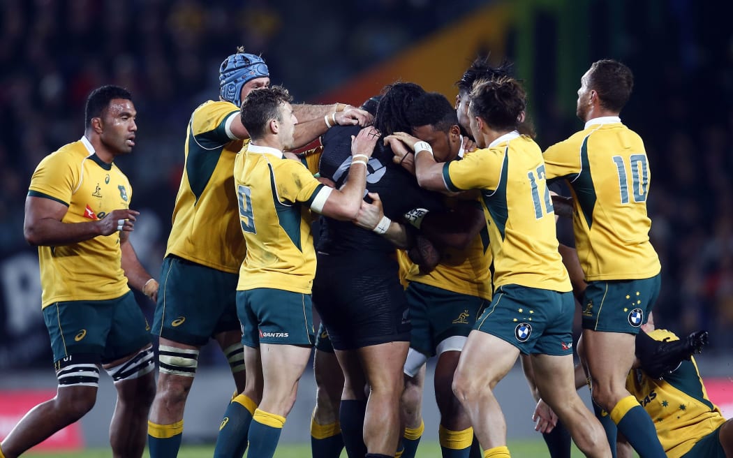 A scuffle breaks out in the All Blacks-Wallabies Test at Eden Park 2015.