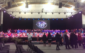 School children gather on stage for the Te Manakura o te motu - Kapa haka Nationals in Palmerston North.