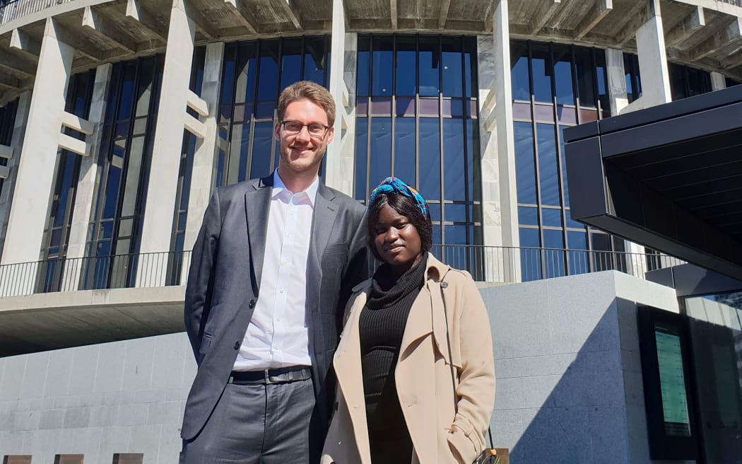 World Vision Advocacy Manager Carsten Bockemuehl and Clench Enoka, who fled her birth country of South Sudan as a child, outside Parliament.