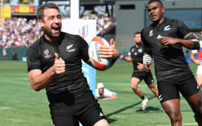 Kurt Baker celebrates his try against France in the quarter final of the Rugby Sevens World Cup.