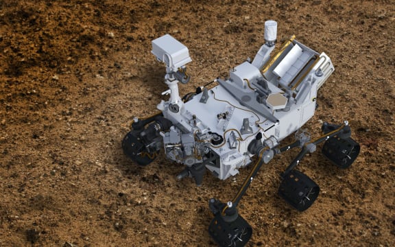 Perseverance rover, illustration. This rover was designed to explore the Jezero crater on Mars as part of NASA's Mars 2020 mission. It successfully landed on Mars on February 18 2021. (Photo by VICTOR HABBICK VISIONS/SCIENCE P / VHB / Science Photo Library via AFP)