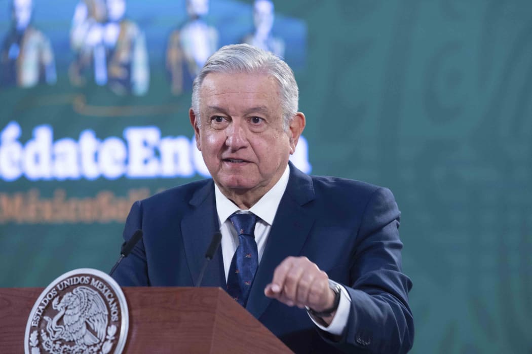 Handout picture released by Mexico's Presidency press office showing Mexico's President Andres Manuel Lopez Obrador during his morning conference at the National Palace in Mexico City, on January 15, 2021.