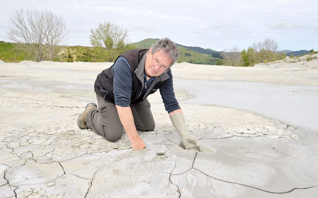 Murry Cave pictured this year inspecting the site of a 2018 mud volcano eruption in Tairāwhiti. The district council says Cave has been instrumental in helping the region recover from severe weather events.