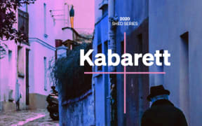 NZSO Kabarett Logo, a street scene with a man in the foreground