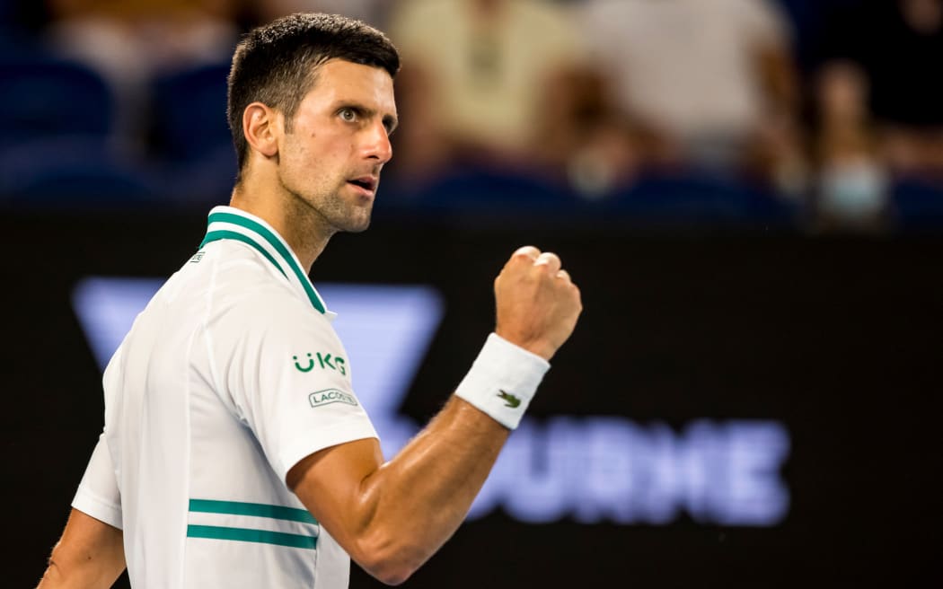 MELBOURNE, VIC - FEBRUARY 18: Novak Djokovic of Serbia celebrates after winning a game during the semifinals of the 2021 Australian Open on February 18 2021, at Melbourne Park in Melbourne, Australia. (Photo by Jason Heidrich/Icon Sportswire)