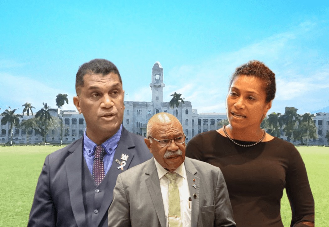 Fiji's now dismissed education minister Aseri Radrodro, left, and women's and children's minister Lynda Tabuya, right. Prime Minister Sitiveni Rabuka, middle, has said he will not respond to "comments on social media".