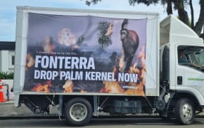 Delegates arriving at the Fonterra AGM were greeted by a Greenpeace protest about the use of palm kernel as a stock feed. Police prevented a truck displaying a protest banner from getting into the car park of the conference venue.